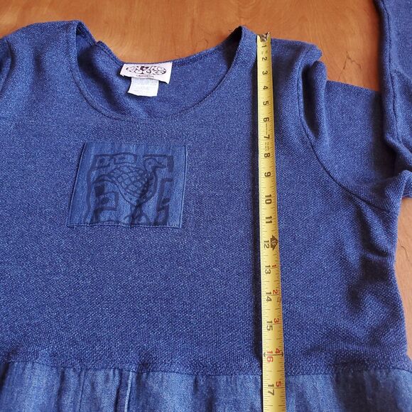 Vintage LS Maxi Dress Sz XL Blue Teacher Lagenlook 80s Bird Patch Knit & Woven - Picture 11 of 12